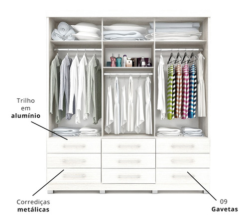 Imagem 4 de 4 de Roupeiro Guarda Roupa Casal 9 Gavetas - Branco