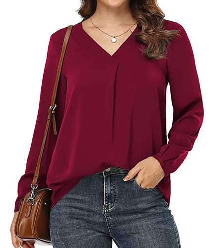 Blusa De Manga Larga Suelta Con Cuello En V Liso Para Mujer