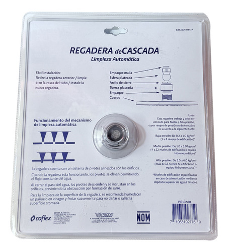 Regadera De Cascada Antisarro 22.5 Coflex Pr-c500 Acabado Cromado Color Plateado