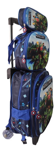 Mochila Primaria Minecraft Con Llantas. Combo 3 Piezas Con L Verde Claro Liso