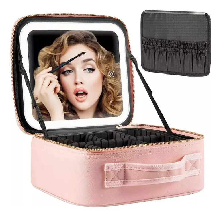 Maletin Estuche De Maquillaje Con Espejo Y Luz Led 3 Modos Rosa