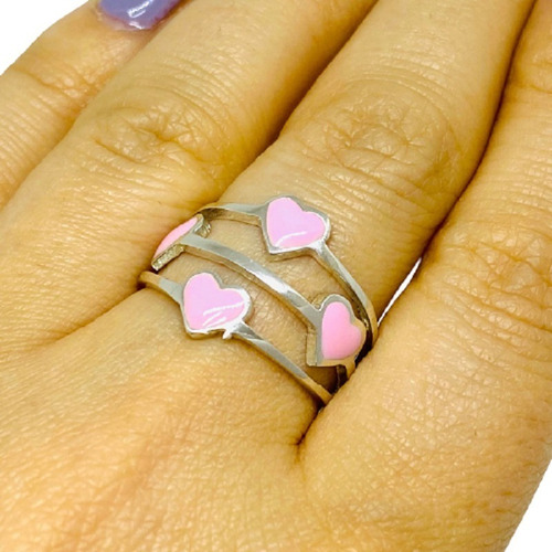 Anillo Corazones Rosa Esmaltados Plata 925 Ap 183-3