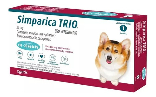 Simparica Trio 1 Tableta Para Perros 10 A 20 Kg