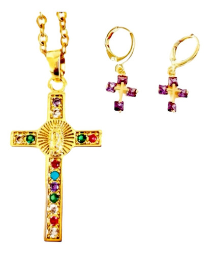 Collar Cruz Catolica + Aretes Zirconias Oro Lam 18k.