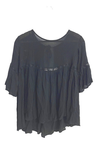 Blusa Negra Con Broderi Talle M/l Mangas 3/4 Amplias