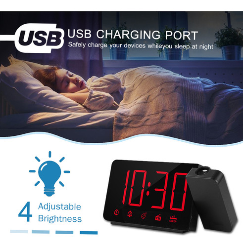 Reloj Despertador Proyector 180° Fm Radio Usb Carga
