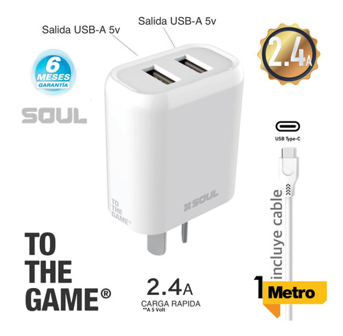 Cargador Rapido Tipo C 2.4a Soul 2 Usb Para Samsung Motorola