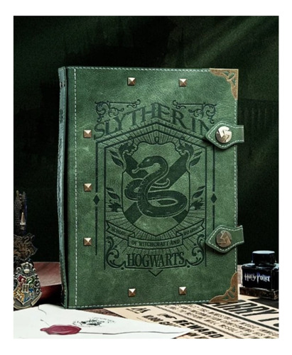 Carpeta/libreta Harry Potter Tipo Piel Escudos Hogwarts Grab Verde Musgo