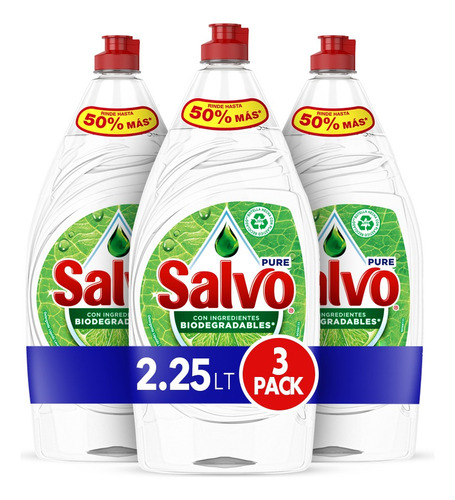 Pack X3 Botellas De Lavatrastes Líquido Salvo Pure 2.25l