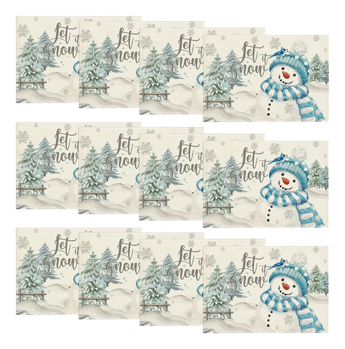 Juego 12 Mantel Individual Navidad Muñeco De Nieve Azules