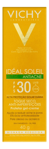 Protetor Solar Antiacne Gel-Creme FPS 30 Vichy Idéal Soleil Caixa 40g