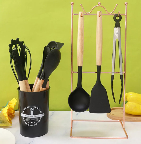 Utensilios Silicona De Cocina Premium Espatula Brocha 12 Set Negro