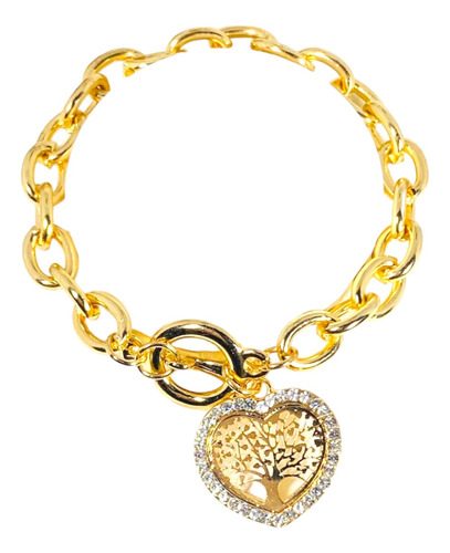 Pulsera  Eslabones Bañada En Oro Corazón Arbol De La Vida