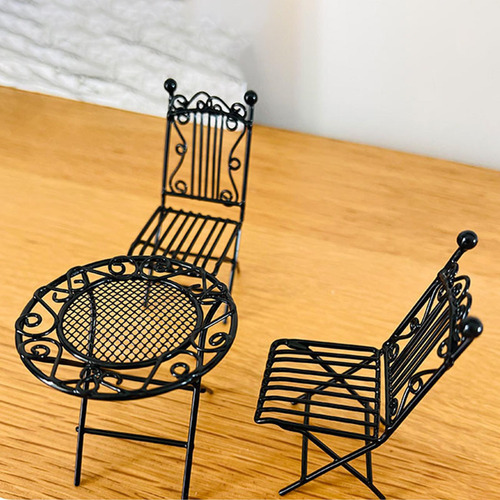 Mesa De Café 1/12, 3 Piezas, Silla Dorada Para Micropaisaje