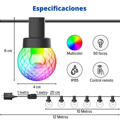 Serie De Luces Led Focos Multicolor 10 Metros 50 Focos
