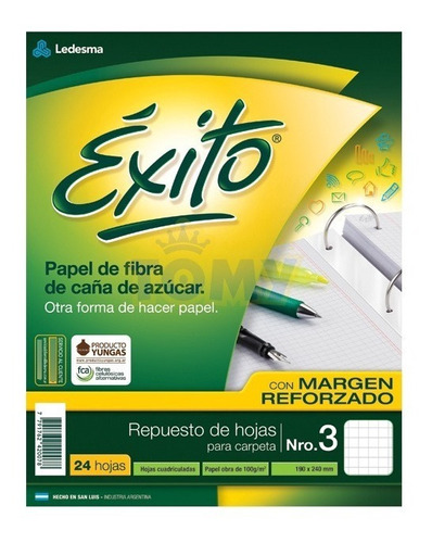 Repuesto Exito N3 24 Hojas Reforzado Cuadriculado Pack X10