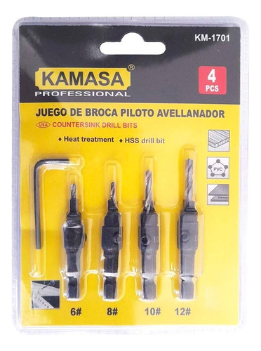 Pack / Set 4 Brocas Piloto Avellanador + Llave Allen Kamasa