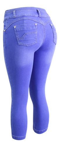 Jean Capri Mezclilla Dama Con Bolsas, Doble Botón En Pretina