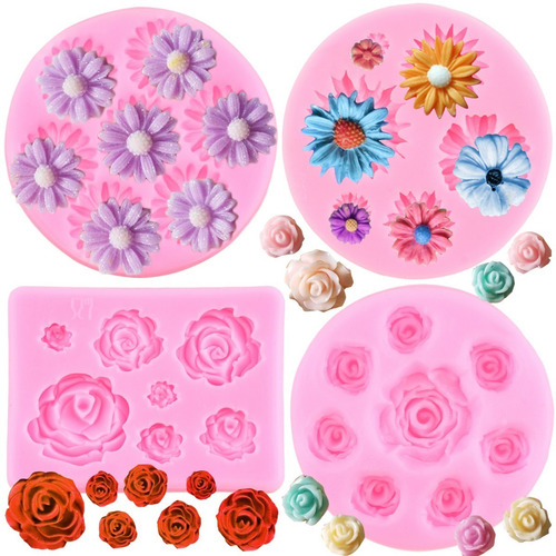 4pcs Molde De Silicona Flor De Rosa Margarita Fondant Resina