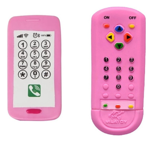 Kit Mordedor Celular Baby Smart + Controle Remoto Infantil Cor Rosa