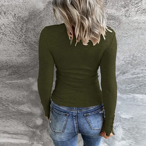 Camiseta De Manga Larga Con Botones Para Mujer