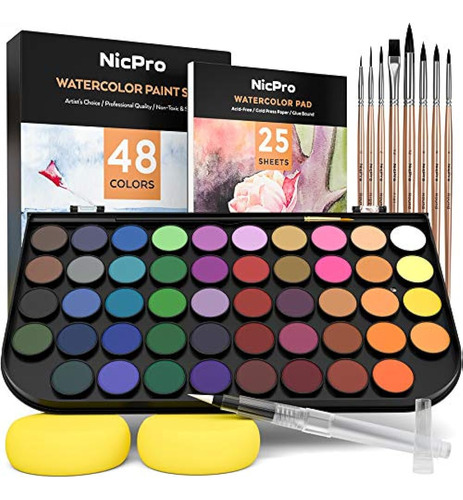 Juego De Pintura De Acuarela Nicpro, Kit De 48 Colores De Ag