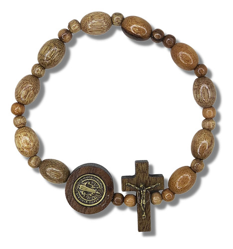 Pulsera Católica De San Benito Con Cuentas De Madera, Medall