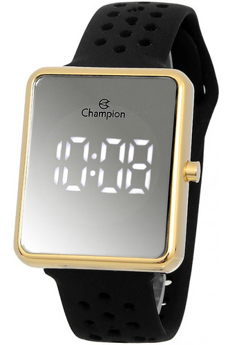 Relógio Champion Feminino Led Espelhado Quadrado Ch40081b + Cor da correia Preto Cor do bisel Dourado