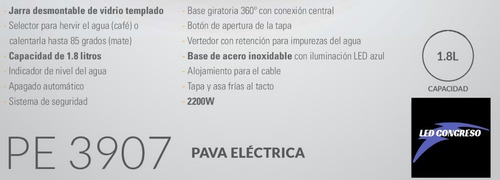 Pava Jarra Yelmo Pe-3907 Desmontable Vidrio Templado 1,8l Pp Color Transparente