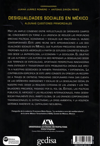 Desigualdades Sociales en México.: Algunas cuestiones primordiales, de Antonio Zirión Pérez. Serie Bip Editorial Gedisa México, tapa pasta dura, edición 1 en español, 2022