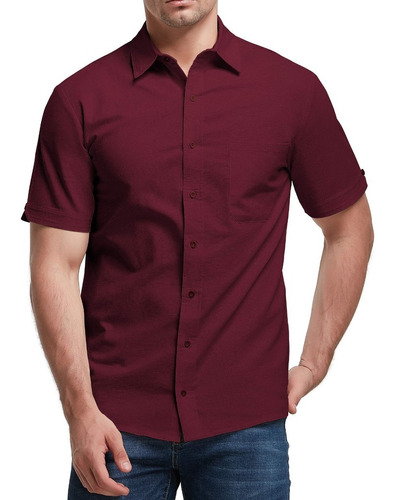 Camisa Cuello Mao Lino Hombre Casual Slim Fit Manga Corta