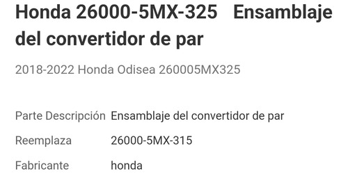 Convertidor De Par Turbina Honda Odyssey 2018-2022