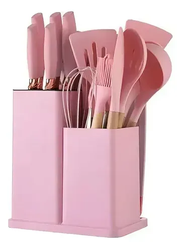 Kit 19 Utensílios para Cozinha com Tábua e  Espátula Rosa