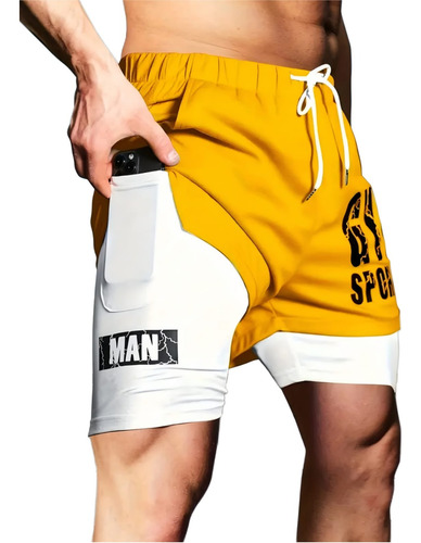 Shorts Gym Hombre 2 En 1 Bolsa Celular Pantalones Cortos