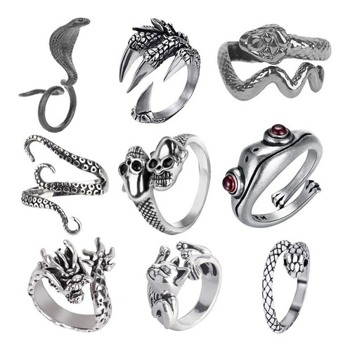 Anillo Ajustable Gótico Smiley Butterfly Dragon Snake Frog