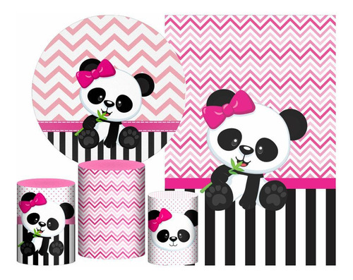 Kit Casado Panda Rosa Painel Redondo Trio Capas Cilindro