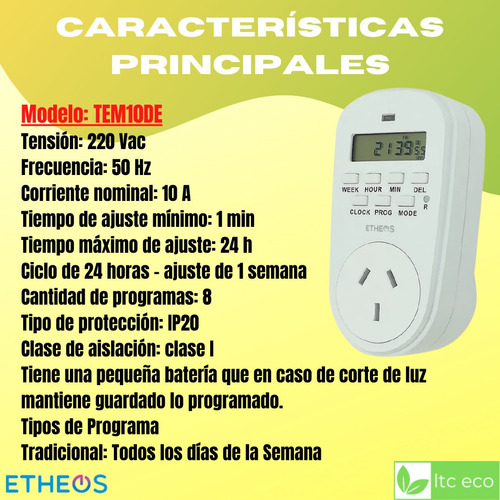 Imagen 2 de 9 de Temporizador Electrico Timer Programable Digital 10a Etheos