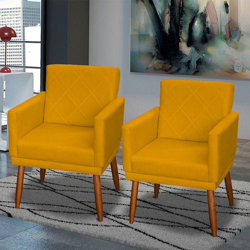 Kit 4 Poltronas Decorativas Reforçadas Para Sala De Recepção Cor Mostarda Desenho Do Tecido Suede Liso