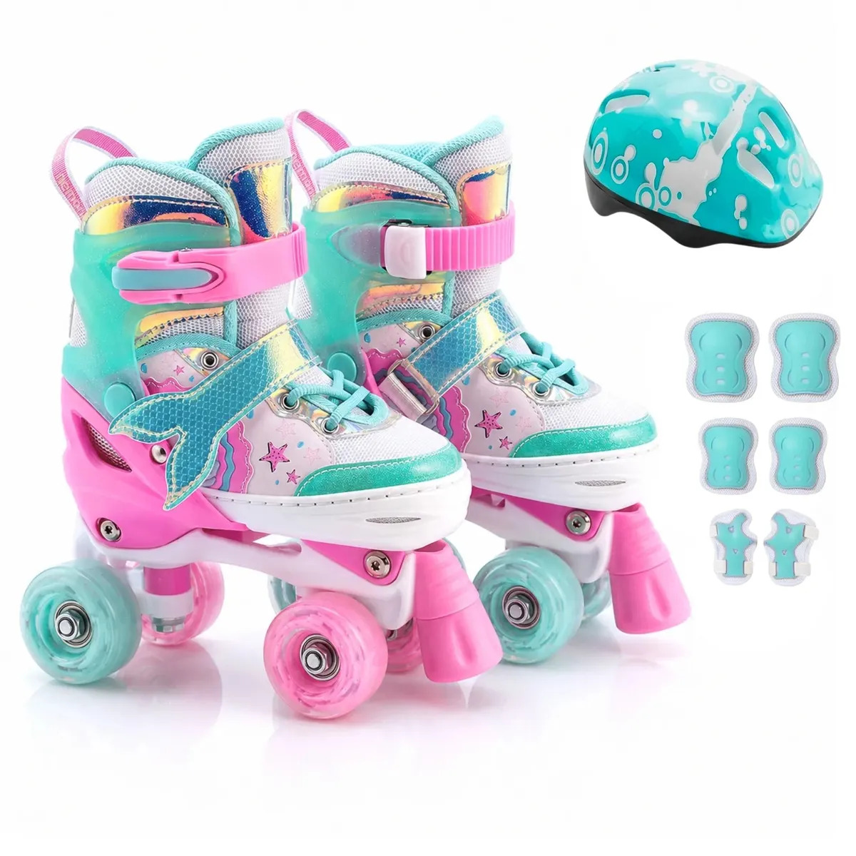 Patins Infantil 4 Rodas Sereia Ajustável Kit Proteção Menina Verde - (m)