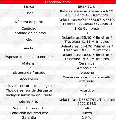 Set Balatas Cerámicas Del Y Tras Brembo Stratus 2001