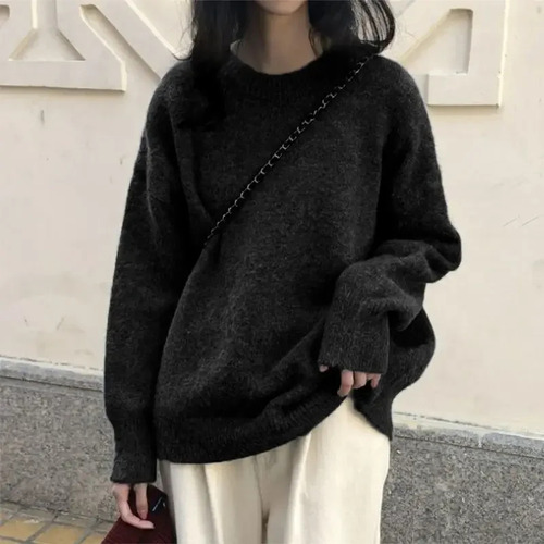 Top De Punto Holgado Con Cuello Redondo Para Mujer