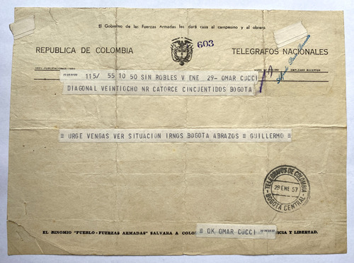 Telegramas De 1957 Telégrafos Nacionales Bogotá
