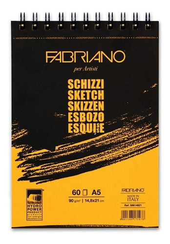 Block Fabriano Arte Sketch Esbozo Espiral 90 G A5 60 Hojas 