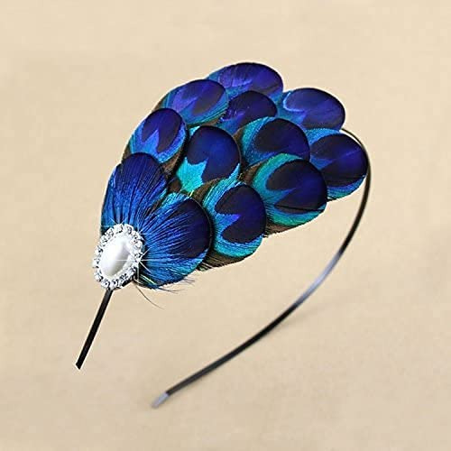 Elegante Diadema De Pavo Real Hecha A Mano Con Plumas Azules