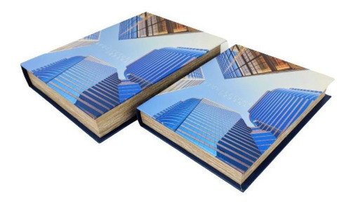 Caixa Livro Decorativa Azul Arquitetura Urbana 32/27cm 2pc