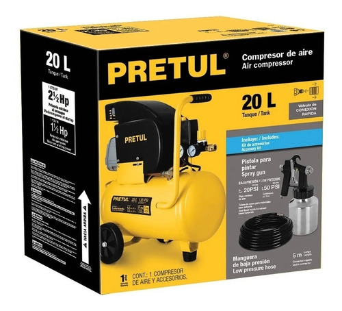 Compresor de aire eléctrico portátil Pretul COMP-KIT20P monofásico 20L 1100W 127V 60Hz amarillo