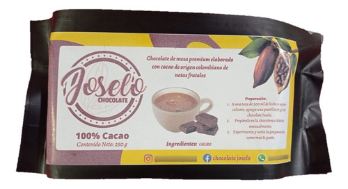 Chocolate Joselo 100% Cacao 250 - g a $72