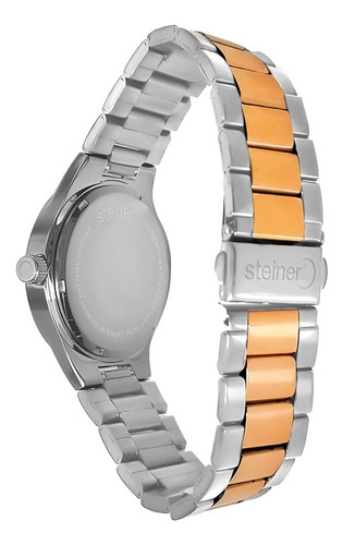 Reloj Para Dama Bisel Con Piedras 37mm Steiner Acero Inox Correa Dorado Bisel Plateado Fondo Blanco