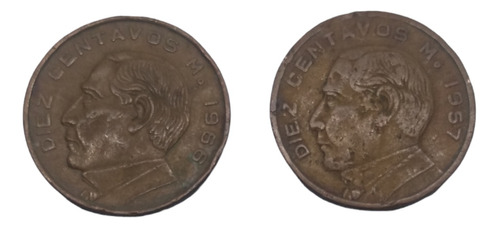 Moneda 10 Cts. Benito Juárez Bronce  1967-1968 Envio $40