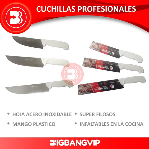 Imagen 4 de 8 de Cuchilla Cocina X3 Filosos 29cm 32cm 34cm Acero 7 8 9